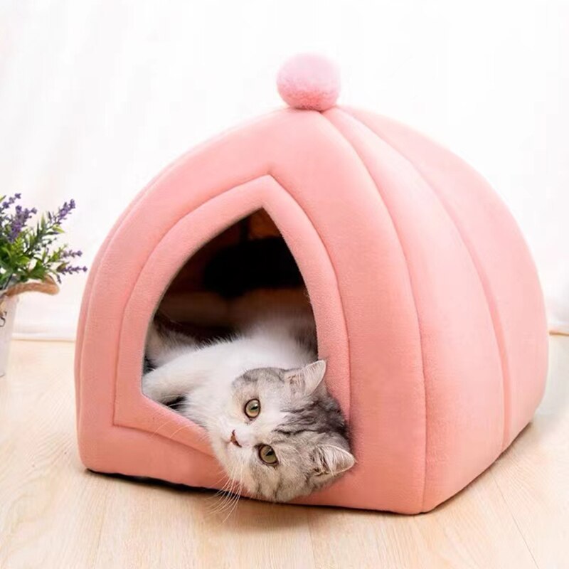 New Plush Cat Bed Foldable Kitten Basket Soft Small Pet House Sofa Dogs Bag Mat Cats Lounger Tent Cushion For Warm Cat Cave Beds