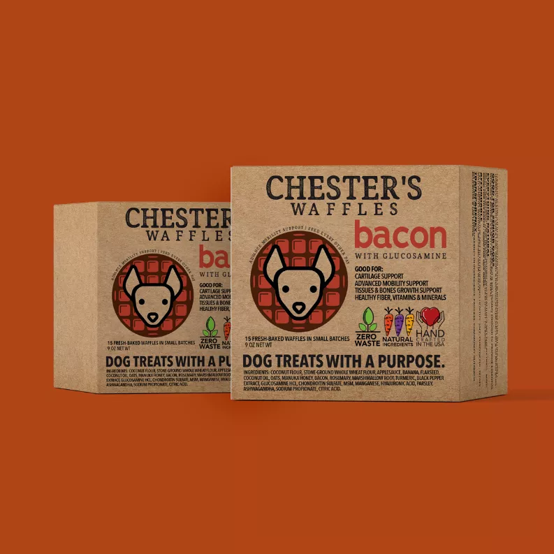 CHESTER'S BACON DOG TREAT WAFFLES GOOFD FOR ADVANCED MOBILITY & CARTLIDGE SUPPORT